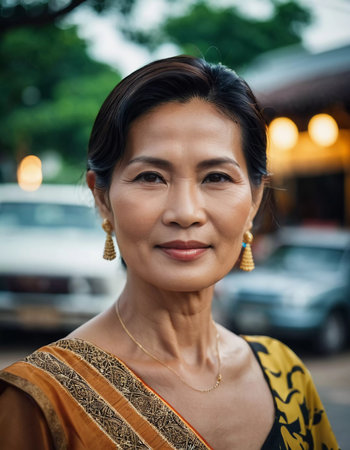 A Thailand resident woman stands confidently, dressed in vibrant traditional attire, showcasing intricate patterns.の素材