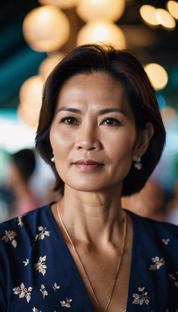 In a lively outdoor market in Thailand, a woman showcases her confident demeanor against a backdrop of soft, warm lights. The atmosphere reflects local culture and tradition.の素材
