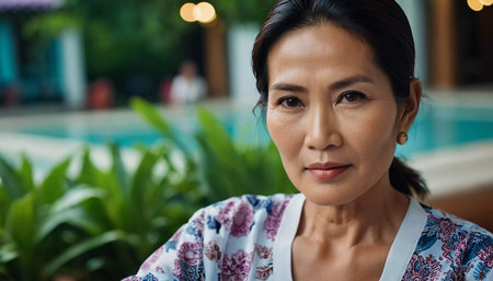 A Thai woman relaxes by a tranquil pool in Thailand, surrounded by vibrant greenery. She exudes calmness while taking in the peaceful atmosphere. The setting is perfect for unwinding.の素材