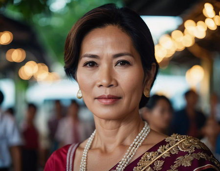 A resident woman from Thailand showcases her elegance in traditional attire during a festive outdoor gathering, adorned with beautiful jewelry and surrounded by vibrant lights in the background.の素材