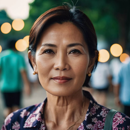 A Thai woman in her sixties stands confidently in a lively street scene at dusk, surrounded by blurred figures. Her floral attire complements her calm expression, showcasing local culture.の素材