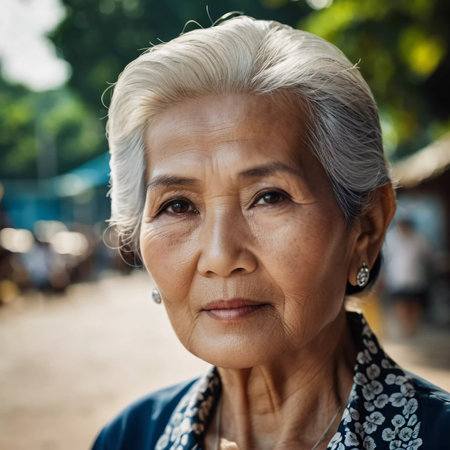 An elderly woman stands confidently in a lively market in Thailand, her face reflecting a wealth of life experience. Warm sunlight highlights her serene expression and traditional attire.の素材