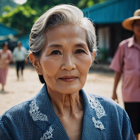 A Thai woman stands confidently outdoors, showcasing her natural beauty in a traditional outfit. The lively backdrop features other residents engaging in daily activities under the bright sun.の素材