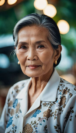 A resident woman from Thailand, showcasing her graceful smile and stylish attire, stands outdoors amidst a serene setting with soft natural light.の素材