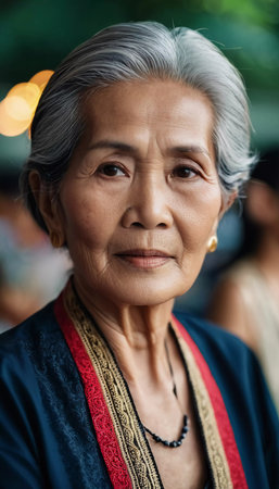 A Thailand woman with silver hair gazes thoughtfully, dressed in traditional attire. The warm evening atmosphere features soft lights and a lively social setting, showcasing cultural elegance.の素材