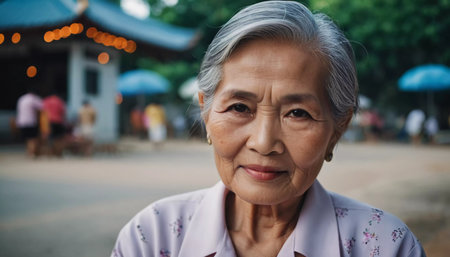 A resident of Thailand, this woman exhibits a warm smile while enjoying a sunny day outdoors. She is surrounded by locals engaged in various activities, showcasing the rich culture.の素材