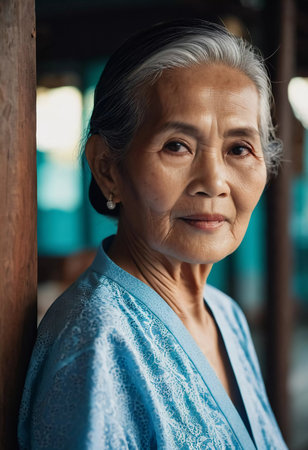 A Thai woman stands gracefully by a wooden pillar, her wise gaze revealing years of life experiences.の素材