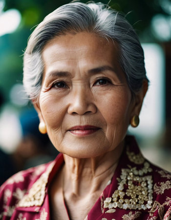 A resident woman of Thailand, displaying her wisdom and grace with gray hair and a beautifully crafted traditional outfit during a vibrant community event in the late afternoon.の素材