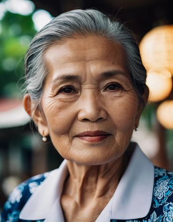 A Thailand resident, this elderly woman displays a captivating smile while wearing traditional attire, reflecting her rich cultural heritage in a serene outdoor environment.の素材