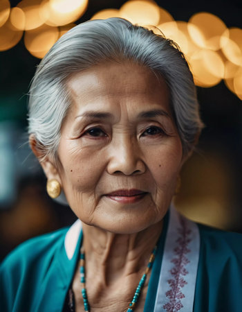 A Thailand woman with silver hair smiles gently, showcasing her traditional attire and jewelry. Warm decorative lights create a cozy atmosphere, highlighting her serene expression. Generative AI.の素材
