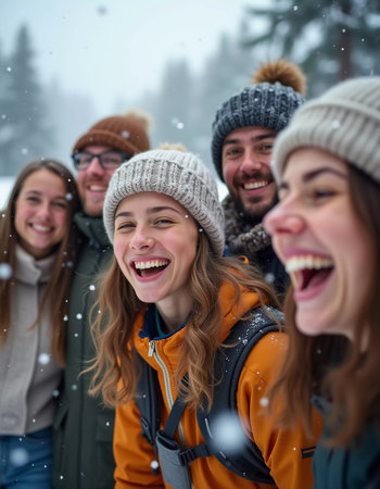 A group of friends celebrates winter in a snowy location, sharing laughter and joy while snowflakes gently fall around them, creating lasting memories together. Generative AI.の素材