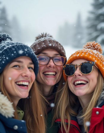 A group of friends celebrates winter in a snowy location, sharing laughter and joy while snowflakes gently fall around them, creating lasting memories together. Generative AI.の素材