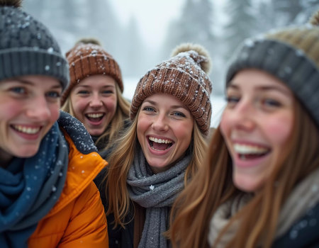 A group of friends celebrates winter in a snowy location, sharing laughter and joy while snowflakes gently fall around them, creating lasting memories together. Generative AI.の素材