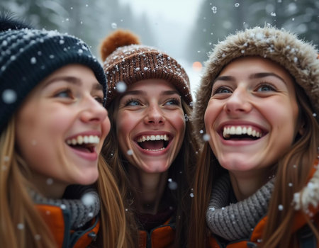A group of friends celebrates winter in a snowy location, sharing laughter and joy while snowflakes gently fall around them, creating lasting memories together. Generative AI.の素材
