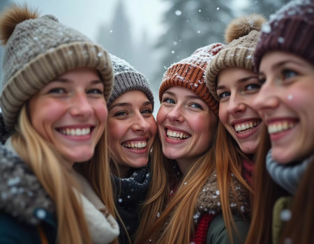 A group of friends celebrates winter in a snowy location, sharing laughter and joy while snowflakes gently fall around them, creating lasting memories together. Generative AI.の素材
