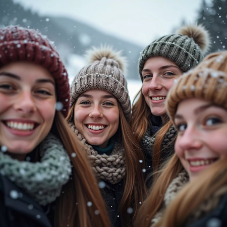 A group of friends celebrates winter in a snowy location, sharing laughter and joy while snowflakes gently fall around them, creating lasting memories together. Generative AI.の素材