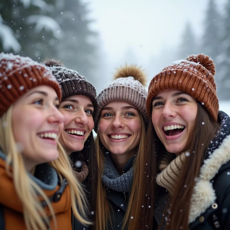 A group of friends celebrates winter in a snowy location, sharing laughter and joy while snowflakes gently fall around them, creating lasting memories together. Generative AI.の素材
