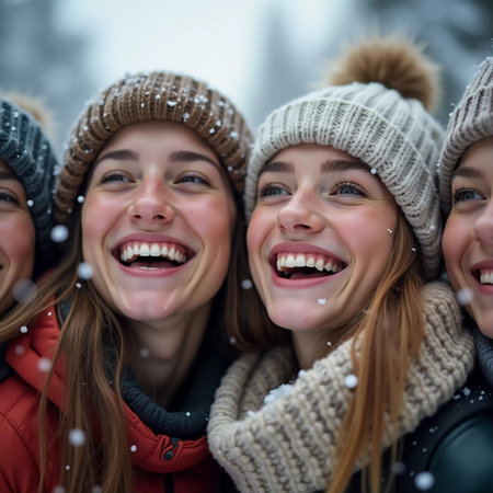 A group of friends celebrates winter in a snowy location, sharing laughter and joy while snowflakes gently fall around them, creating lasting memories together. Generative AI.の素材