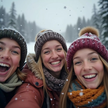 A group of friends celebrates winter in a snowy location, sharing laughter and joy while snowflakes gently fall around them, creating lasting memories together. Generative AI.の素材