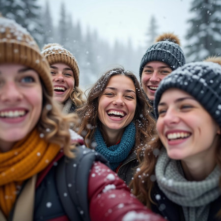A group of friends celebrates winter in a snowy location, sharing laughter and joy while snowflakes gently fall around them, creating lasting memories together. Generative AI.の素材