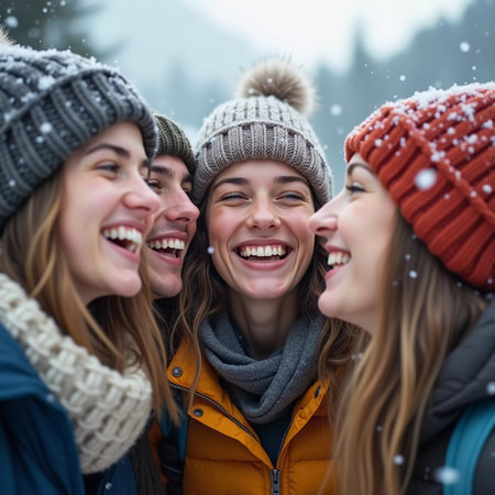 A group of friends celebrates winter in a snowy location, sharing laughter and joy while snowflakes gently fall around them, creating lasting memories together. Generative AI.の素材