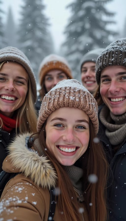 A group of friends celebrates winter in a snowy location, sharing laughter and joy while snowflakes gently fall around them, creating lasting memories together. Generative AI.の素材