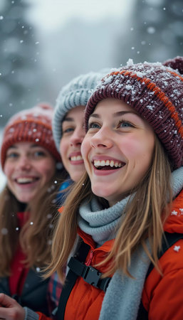 A group of friends celebrates winter in a snowy location, sharing laughter and joy while snowflakes gently fall around them, creating lasting memories together. Generative AI.の素材