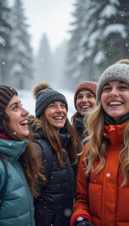 A group of friends celebrates winter in a snowy location, sharing laughter and joy while snowflakes gently fall around them, creating lasting memories together. Generative AI.の素材
