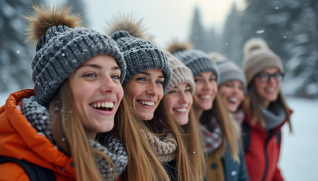 A group of friends celebrates winter in a snowy location, sharing laughter and joy while snowflakes gently fall around them, creating lasting memories together. Generative AI.の素材