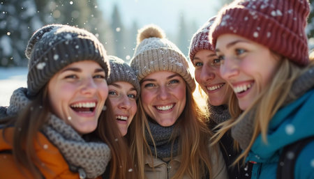 A group of friends celebrates winter in a snowy location, sharing laughter and joy while snowflakes gently fall around them, creating lasting memories together. Generative AI.の素材