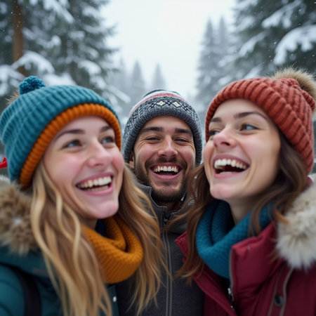 A group of friends celebrates winter in a snowy location, sharing laughter and joy while snowflakes gently fall around them, creating lasting memories together. Generative AI.の素材