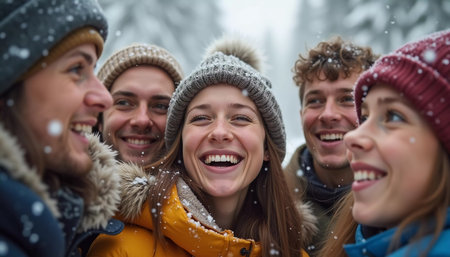 A group of friends celebrates winter in a snowy location, sharing laughter and joy while snowflakes gently fall around them, creating lasting memories together. Generative AI.の素材