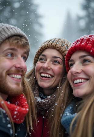 A group of friends celebrates winter in a snowy location, sharing laughter and joy while snowflakes gently fall around them, creating lasting memories together. Generative AI.の素材