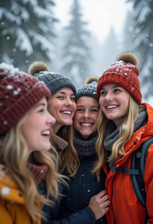 A group of friends celebrates winter in a snowy location, sharing laughter and joy while snowflakes gently fall around them, creating lasting memories together. Generative AI.の素材