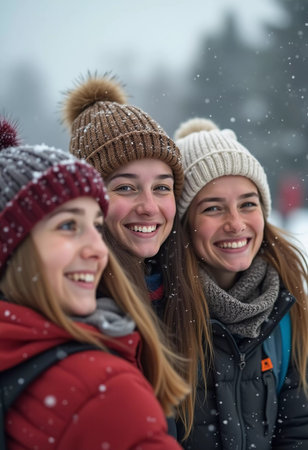 A group of friends celebrates winter in a snowy location, sharing laughter and joy while snowflakes gently fall around them, creating lasting memories together. Generative AI.の素材