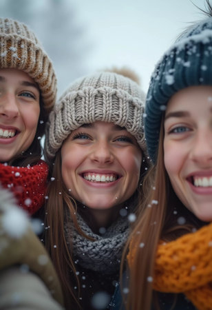 A group of friends celebrates winter in a snowy location, sharing laughter and joy while snowflakes gently fall around them, creating lasting memories together. Generative AI.の素材