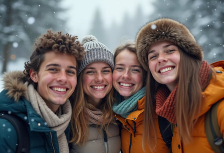 A group of friends celebrates winter in a snowy location, sharing laughter and joy while snowflakes gently fall around them, creating lasting memories together. Generative AI.の素材