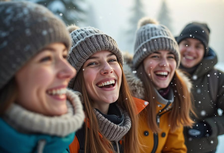 A group of friends celebrates winter in a snowy location, sharing laughter and joy while snowflakes gently fall around them, creating lasting memories together. Generative AI.の素材