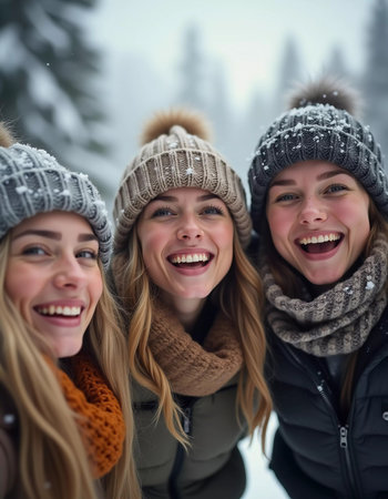A group of friends celebrates winter in a snowy location, sharing laughter and joy while snowflakes gently fall around them, creating lasting memories together. Generative AI.の素材