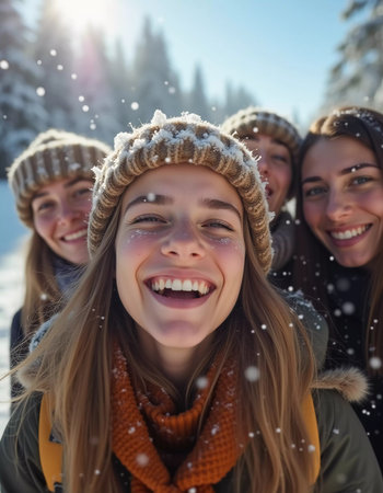 A group of friends celebrates winter in a snowy location, sharing laughter and joy while snowflakes gently fall around them, creating lasting memories together. Generative AI.の素材
