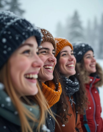 A group of friends celebrates winter in a snowy location, sharing laughter and joy while snowflakes gently fall around them, creating lasting memories together. Generative AI.の素材