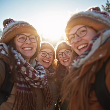 Young friends gather in a winter wonderland, sharing joyful moments and laughter under the bright sun. They sport cozy winter attire, highlighting their fun adventure. Generative AI.の素材