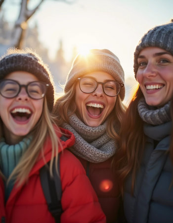 Young friends gather in a winter wonderland, sharing joyful moments and laughter under the bright sun. They sport cozy winter attire, highlighting their fun adventure. Generative AI.の素材