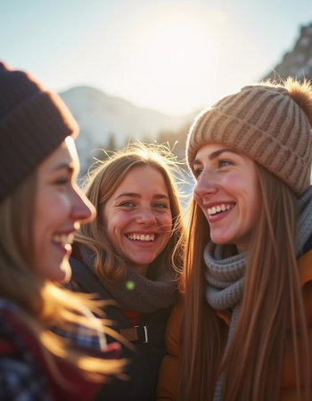 Young friends gather in a winter wonderland, sharing joyful moments and laughter under the bright sun. They sport cozy winter attire, highlighting their fun adventure. Generative AI.の素材