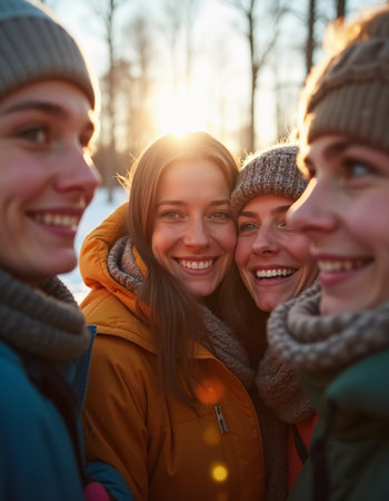 Young friends gather in a winter wonderland, sharing joyful moments and laughter under the bright sun. They sport cozy winter attire, highlighting their fun adventure. Generative AI.の素材