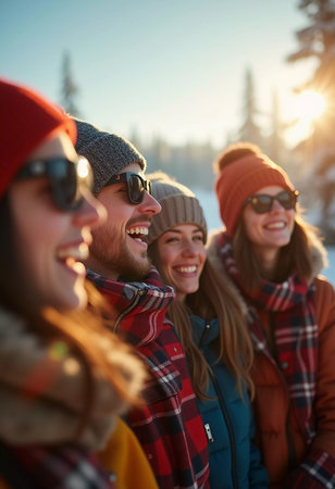 Young friends gather in a winter wonderland, sharing joyful moments and laughter under the bright sun. They sport cozy winter attire, highlighting their fun adventure. Generative AI.の素材