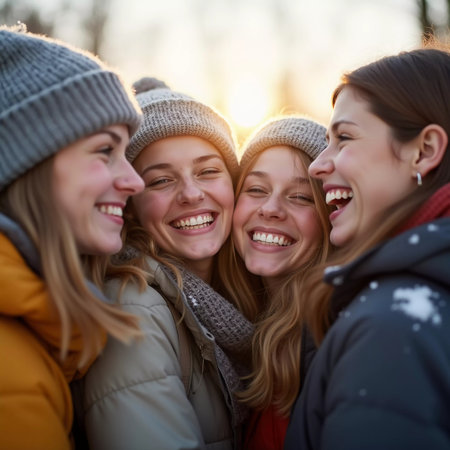 Young friends gather in a winter wonderland, sharing joyful moments and laughter under the bright sun. They sport cozy winter attire, highlighting their fun adventure. Generative AI.の素材