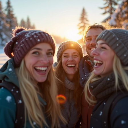 Young friends gather in a winter wonderland, sharing joyful moments and laughter under the bright sun. They sport cozy winter attire, highlighting their fun adventure. Generative AI.の素材