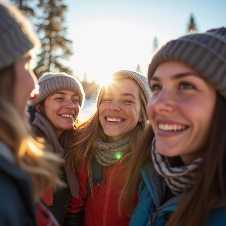 Young friends gather in a winter wonderland, sharing joyful moments and laughter under the bright sun. They sport cozy winter attire, highlighting their fun adventure. Generative AI.の素材