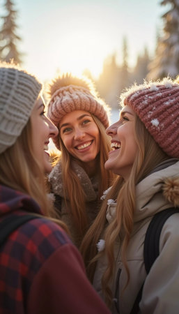 Young friends gather in a winter wonderland, sharing joyful moments and laughter under the bright sun. They sport cozy winter attire, highlighting their fun adventure. Generative AI.の素材